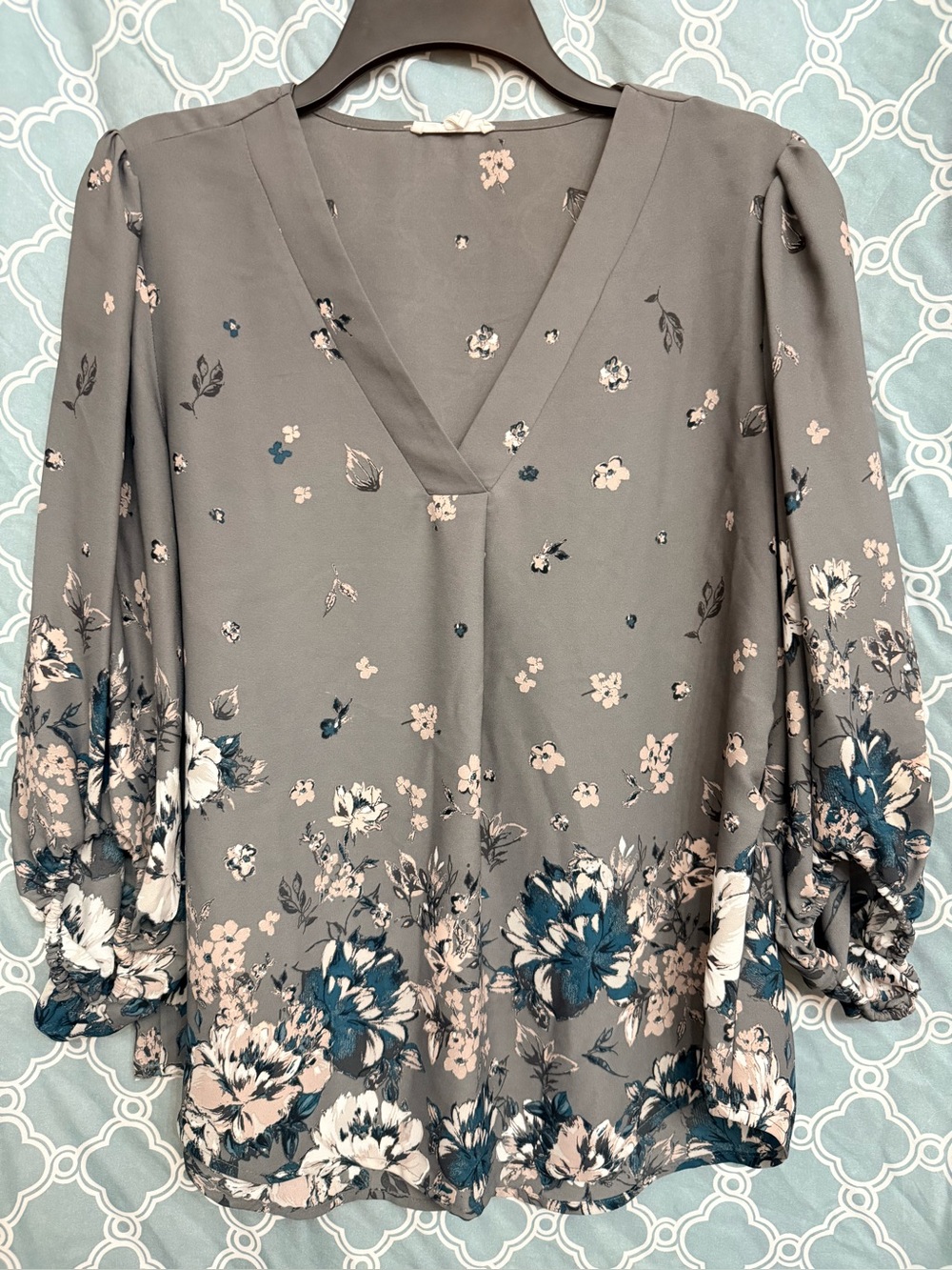 Maurices Gray Floral V-Neck Blouse with Teal & Blush Accents